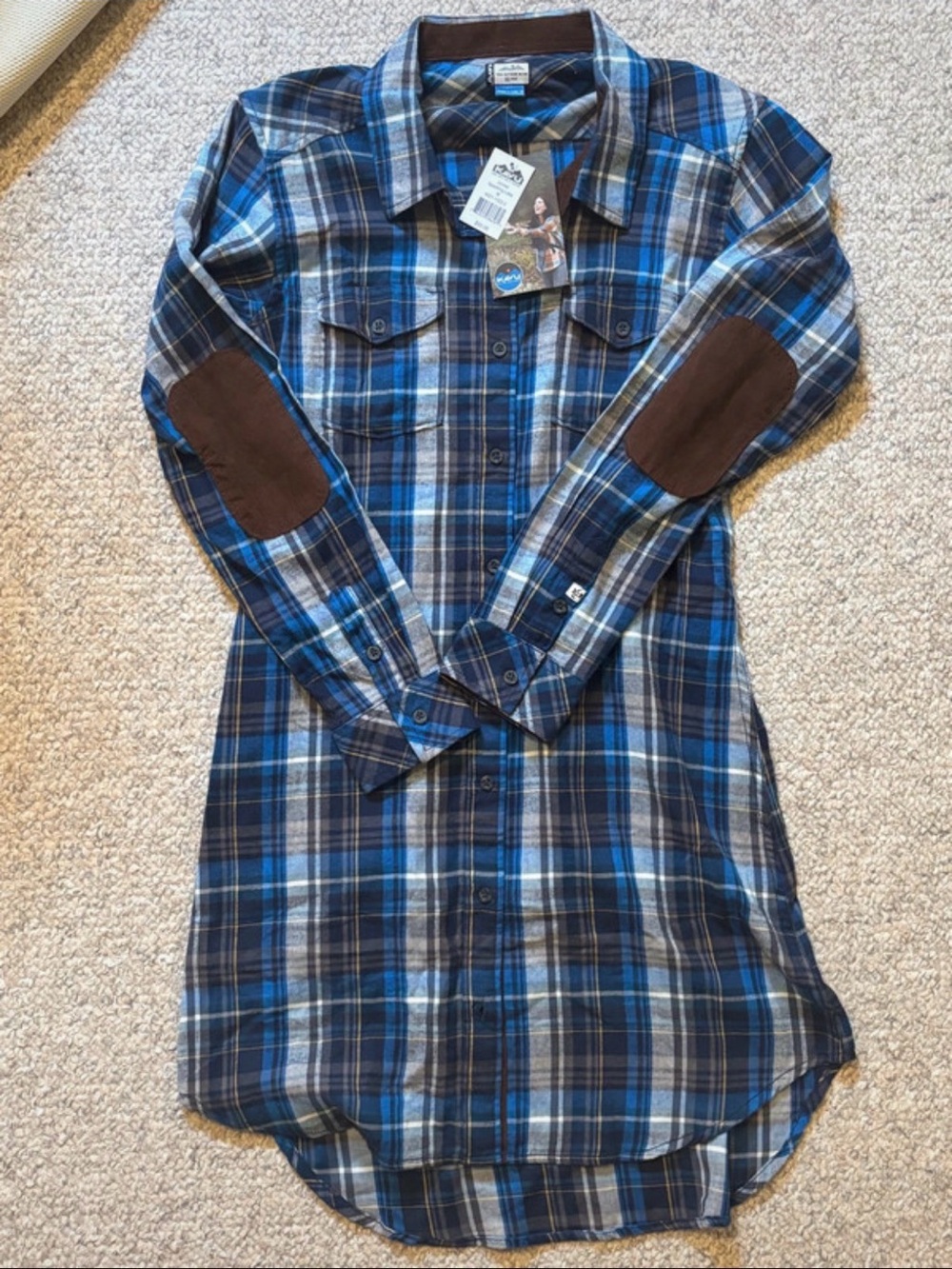 Kavu Blue Plaid Button-Up Dress Shirt with Brown Accents